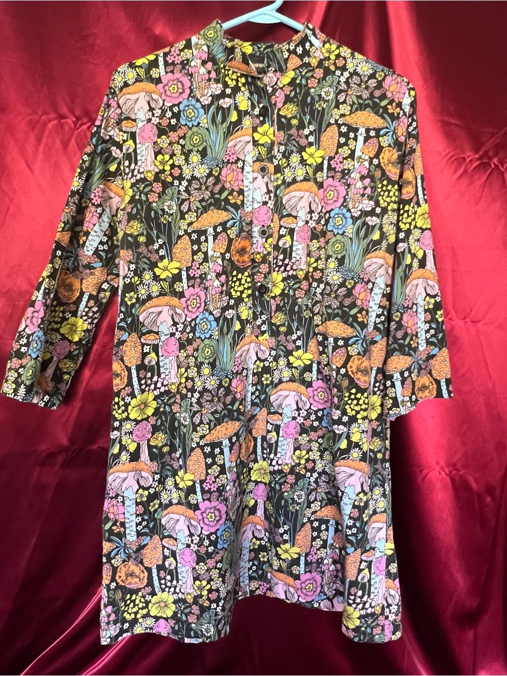 Nooworks Black Floral Mushroom Print Dress with Pink and Yellow Accents